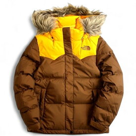 【中古】【新古品・未使用品】THE NORTH FACE ノースフェイス W'S EAGLE PEAK DOWN JACKET 撥水テフロン加工 PREMIUM GOOS DOWN使用 UPF40+ ナイロン ファー付 ダウンジャケット NYJ1DF99 イエロー ブラウン 75(XS) 80(S)▲026▼20405k05