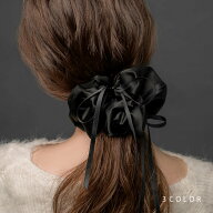 シュシュ サテン調 リボンコード ロング 微光沢 ボリューム 大きめ 存在感 ヘアアクセサリー ヘアゴム 髪…