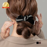 24時間SALE！シュシュ リボン ベロア ベルベット 光沢感 ラインストーン ヘアゴム ヘアアクセ ヘアアレン…