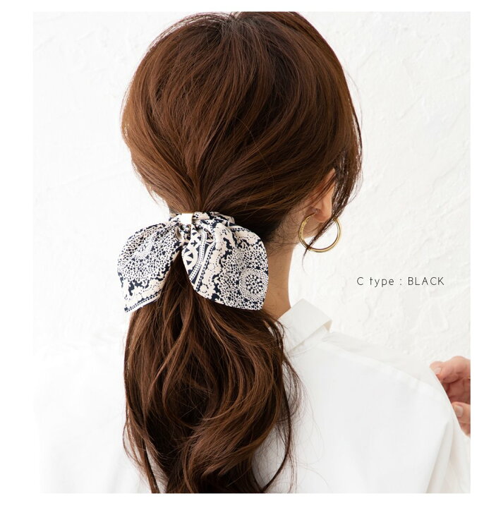 【ゆうパケット送料無料】シュシュ リボン 大人 ボリューム 柄 ヘアアクセサリー メタル カジュアル スカーフ柄 ベージュ ブラック 黒 ブラウン ネイビー アイボリー チャコール cream dot シュシュ リボン ブラウン ベージュ