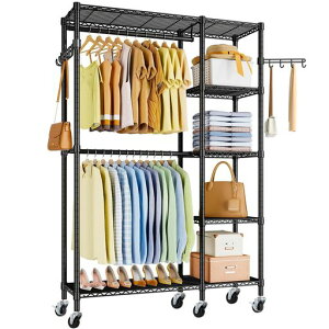 Goodraioハンガーラック頑丈2段大容量洋服ラック耐荷重260kgワードローブ2段クローゼット洋服掛け省スペース&キャスター付きおしゃれ高さ調節可能防サビ加工衣類収納組み立て簡単家庭用…