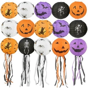 DARENYIハロウィン提灯ちょうちん15個セット直径約20cm紙提灯ハロウィン飾り装飾ちょうちん吊り下げ折り畳み式カボチャコウモリクモ魔女絵柄ハロウィーン/秋の装飾/庭/ベランダ//お店/お…