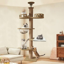 CozyMeowキャットタワー突っ張り木製キャットツリー木登りタワー多層無垢材太い支柱スリム宇宙船ハンモック多頭飼い大型猫用猫タワー人気おしゃれ爪とぎつめとぎ猫かわいいねこキャッ…