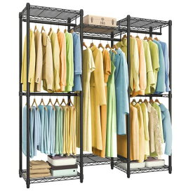 SONGMICSハンガーラック頑丈大容量洋服かけスタンド耐荷重190kg幅144.4cm衣装収納パイプハンガー調整可能な棚とポール付きスチールラック黒LGR432B01