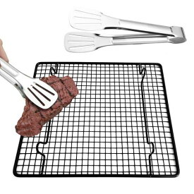 ADOFUNケーキクーラーベーキングラック冷却ラッククーラーメッシュケーキ冷却ラック角型クッキーパン調理器具焦げ付き防止粘らない耐高温と低温ステンレス製食品トング付きお菓子パン…