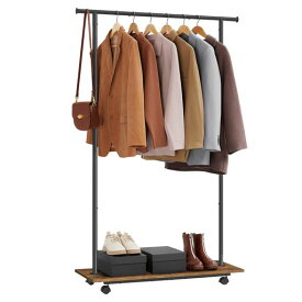 SONGMICSハンガーラック棚付きヴィンテージ風コート/洋服掛けパイプハンガーマルチハンガー頑丈幅98.5cmキャスター付き木製室内物干しシンプルおしゃれ組立簡単総耐荷重約50kgブラウンHSR15…