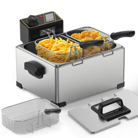 BriSunshineフライヤー電気5L卓上フライヤー3つのバスケット付属業務用家庭用100V1400W60°C-200°C温度調節天ぷら唐揚げポテト丸鶏対応ステンレス製防錆お手入れ簡単日本語説明書付GTC認証推奨