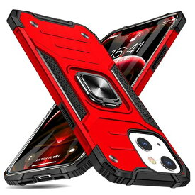 iPhone13Mini用ケースリング衝撃吸収耐衝撃落下防止米国軍事MIL標準取得スタンド機能PC+TPU二重構造防塵薄型軽量一体型360度回転全面保護カバーアイフォン13Mini用ケース赤