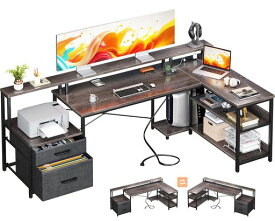 ODKパソコンデスク引き出し2杯ゲーミングデスクコンセント付きl字デスク棚付き机deskpcデスク勉強机オフィスワーク幅172事務机在宅勤務組立簡単グレー