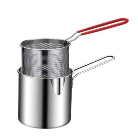 2pcsステンレススチール製フライヤーミニオイル節約多機能小型フライヤーフライドポテトフライヤー麺料理/ホットミルクポットキッチンツールホーム(304ステンレス製フライヤー+赤ハン…