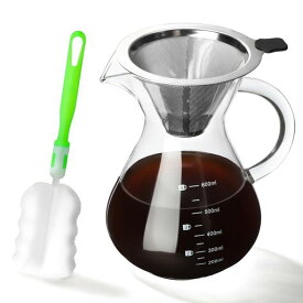 コーヒーサーバードリップコーヒーサーバーコーヒーフィルター器具ペーパーコーヒーフィルター不要電子レンジ対応コップブラシ付き目盛付き600ml