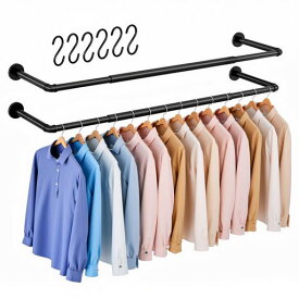 ハンガーラック2本セット壁掛け式洋服ラック工業系パイプ伸縮式67.5-111.5cm耐荷重10kgブラック(ブラック)