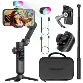AOCHUANスマホ3軸ジンバルスタビライザーキットOLEDディスプレイフォーカスホイール動画撮影用RGBライトiPhone15Pro/MaxAndroid用プロフェッショナルジンバル(SmartXProCombo1)