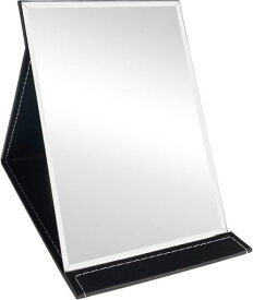 折りたたみミラー16x12cm大判レザーカバー付きコンパクト携帯ミラー角度調整可能ブラック(黒い)