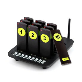 FLYDOG呼び出しベルワイヤレス業務用セット【電波法適合】呼び出しチャイム呼び出し機飲食店居酒屋病院教会呼び鈴ポケットベル振動&LED通知(送信機1台+受信機10台)