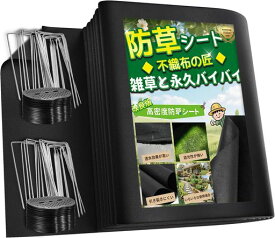 防草シート2mx10m除草シート不織布10年耐久雑草防止シート耐候剤配合高透水高耐久高密度ぼうそうしーと厚手防そうシート工事用園芸用人工芝下固定ピン20本と黒丸20枚付き