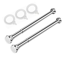 強力ステンレス突っ張り棒70~120cm2本セットに24個のシャワーカーテンリング付き伸縮つっぱり棒穴あけ不要浴室・クローゼット・物干し用高負荷重15-35KG調節簡単超防錆シャワーカーテンロ…