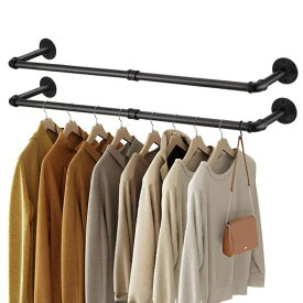 UNHOハンガーパイプハンガーラック壁付けハンガーバー幅92cm2本セット壁掛け洋服ラックブラックアイアン頑丈オープンクローゼットおしゃれ見せる収納DIY黒
