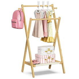 キッズハンガーラック子供用ダブルパイプ折りたたみ省スペース竹製かわいい棚付き洋服おもちゃキッズ服ベビー犬猫ペット服衣類収納洋服ラック子供部屋リビング寝室用組み立て簡単ナ…