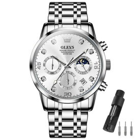 腕時計メンズOLEVSオシャレ人気クオーツうで時計日付防水ビジネスとけい腕時計メンズシルバーステンレスバンドスポーツクロノグラフ男性用腕時計カジュアルクラシックムーンスウォッチ