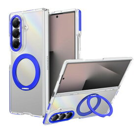 CMYFPOFLケース対応GalaxyZFold7用のケース強磁力リング耐衝撃薄型ハード360°回転スタンド縦横両対応スマホケースリングマグネット搭載防指紋米軍MIL規格隠し収納式多機能一体スタンド(青)