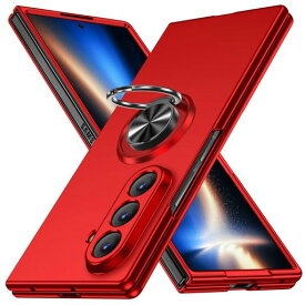 GalaxyZFold7用ケースリング付き耐衝撃PC薄型軽量スマホケースハードギャラクシーzフォールド7用カバー衝撃吸収画面レンズ保護黄変防止擦り傷防止シンプル人気おしゃれ携帯カバーレッドJM…
