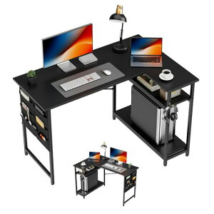 Alebertデスク机L字デスクパソコンデスク幅107cm机pcデスク勉強机テーブル作業机ゲーミングデスクラック付きl字型棚板高さ調節可能省スペース(ブラック)