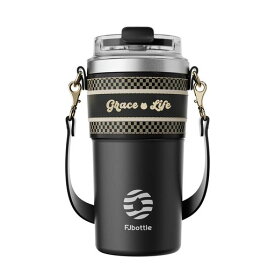 FJbottle水筒500ml真空断熱マグボトル(ストラップ付き)直飲み保温保冷洗いやすい広口ステンレスボトル洗浄用スポンジ付き女の子男の子おしゃれ大人子供ブラック