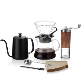 ポカロティーコーヒーセット手挽きコーヒーミル手動計量スプーンコーヒーサーバードリッパードリップケトルv60ペーパーフィルター40枚ハンドドリップ6セットコーヒードリップセット自…