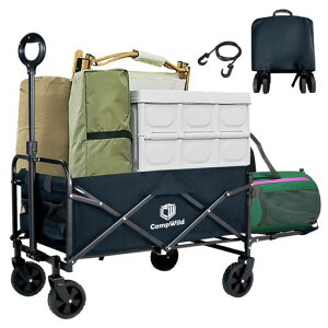 CampWildキャリーワゴンキャリーカートアウトドアワゴン後部展開可長物対応折り畳み超軽量5.3kg大容量130L耐荷重120kgワンタッチ収束式キャンプカート自立収納多地形対応砂浜釣り引越し買…