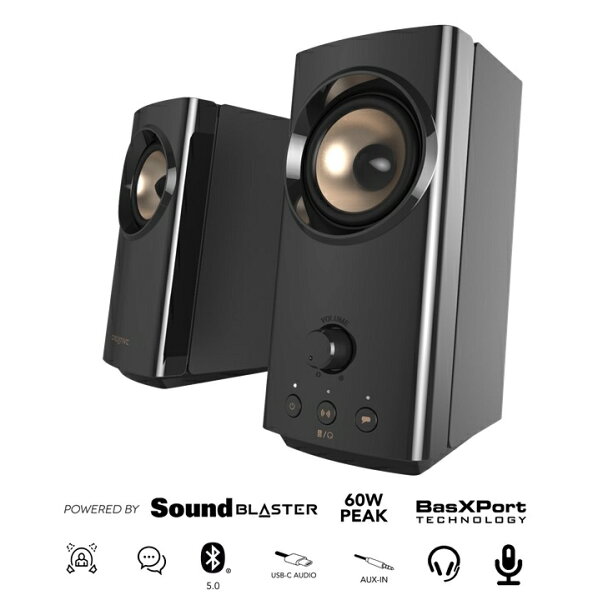 【公式ストア】【直販】Creative T60 Hi-Fi DAC搭載デスクトップスピーカー　Bluetooth5.0接続やUSB-C接続にも対応、最大60Wの再生、明瞭な低音域を再生するBasXPort、NoiseClean機能、オンラインコミュニケーションでもよりよくできる SP-T60-BK