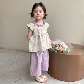 セットアップ キッズ 女の子 上下セット 半袖 娃娃シャツ チュニック Tシャツ 花柄 ズボン ワイドパンツ ガウチョパンツ 接触冷感 ゆったり 体型カバー カジュアル かわいい おしゃれ 涼しい 柔らかい 子供服 小花柄 快適 普段着 お出かけ着 サマ