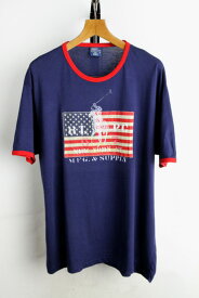 ラルフローレン Ralph Lauren 米国旗ワッペン ビッグポニー リンガー Tシャツ【L】【古着】【中古】【メンズ】【レディース】