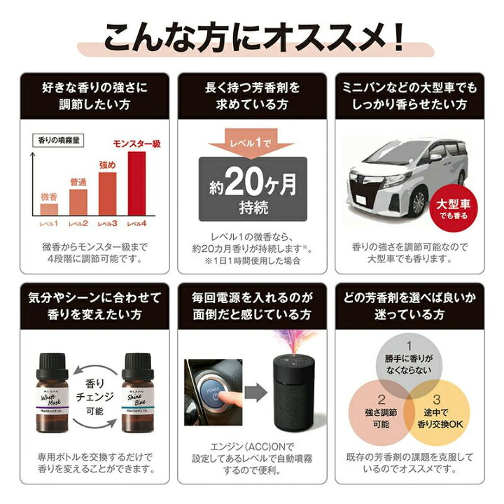 楽天市場 カーメイト L芳香剤 ブラング 噴霧式フレグランスディフューザー2 ブラック 微香からモンスター級まで 香りをコントロール クレールオンラインショップ