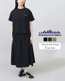 【SALE/20%off】THOUSAND MILE サウザンドマイル ショートスリーブTシャツ&スカートセット TM261NP00032 レディース 半袖 Tシャツ ロングスカート 上下セット 撥水 UVカット 4WAY ストレッチ 速乾 ドライ ドライタッチ 3点セット公式 正規品 26SS