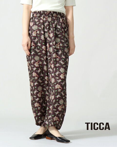 【スーパーSALE/30%off】TICCA ティッカ ペイズリー プリントパンツ TBFS_092 2WAYパンツ プリントパンツ ウエストゴム ポリエステル ワイド ストレート バルーン 新色 フェミニン 上品 光沢感 サテン素材 アート感 華やか