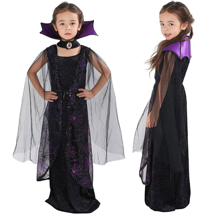 楽天市場 ハロウィン衣装 子供 おもしろ仮装 吸血鬼 コスプレ ワンピース ロング丈 ドレス バンパイア 女の子 ハロウィン衣装 メッシュ 首飾り付き ブラック クモの巣柄 キッズ パーティー 誕生日 演出 イベント 発表会 クリスマス ハロウィーン バット 悪魔 姫 クロス