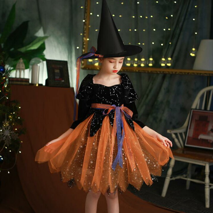 クリスマスファッション 新品 魔女っ子 ハロウィン仮装 子供 ドレス 130cm コスプレ 衣装.