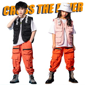 キッズ ダンス衣装 ヒップホップ 黒 ベスト 白 tシャツ カーゴパンツ 韓国 k-pop 男の子 女の子 ズボン ダンス衣装 パンツ キッズ hiphop キッズダンス衣装 トップス ダンスパンツ チアダンス衣