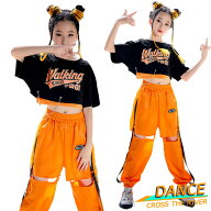オレンジ キッズダンス衣装 セットアップ パンツ へそ出し k-pop 衣装 黒 シャツ ヒップホップ チアガー…