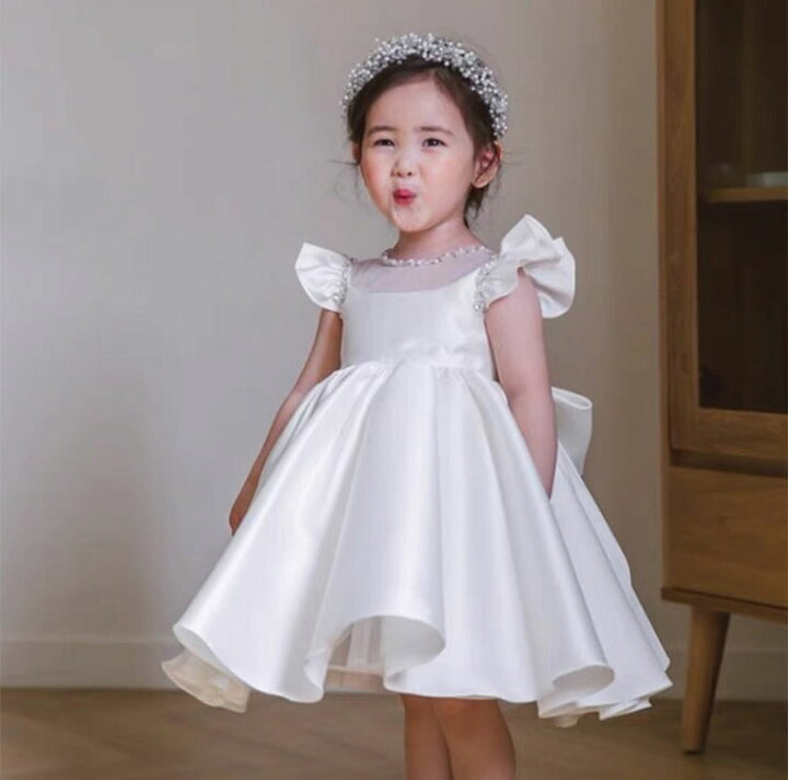 女の子 ドレス 子供 スピーカースリープ トレーン 丸ネック 花柄 ファスナー フォーマル 卒業式 発表会 入園式 ジュニア フラワーガール ガールズ  誕生日 ホワイト110cm,120cm,130cm,140cm,150cm,160cm - 【bb-shop】- プレゼント＆ギフトのギフトモール  ガールズドレス ... VINUOKER 幼児 ベビー ガールズ ドレス 春夏 ドレス パーティードレス