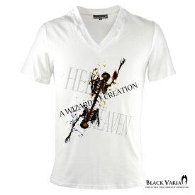 Tシャツ 髑髏 スカル ヘルオアヘブン Vネック 半袖Tシャツ メンズ スリム 細身 mens ファッション おしゃれ (ホワイト白) zkh145