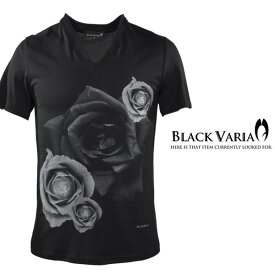 Tシャツ 薔薇 バラ 花柄 Vネック 半袖Tシャツ メンズ スリム 細身 mens ファッション おしゃれ (ブラック黒) zkk012