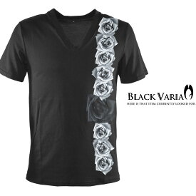 Tシャツ 薔薇 バラ 花柄 Vネック 半袖Tシャツ メンズ スリム 細身 mens ファッション おしゃれ (ブラック黒) zkk014