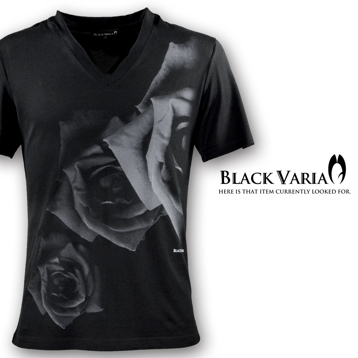 Tシャツ 薔薇 バラ 花柄 Vネック 半袖Tシャツ メンズ スリム 細身 mens(ブラック黒) zkk022 | BLACK  VARIA／ブラックバリア
