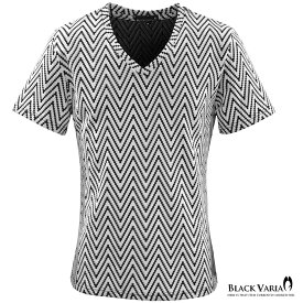 Tシャツ ジグザグ ボーダー Vネック 半袖Tシャツ メンズ mens ファッション おしゃれ (ホワイト白ブラック黒) 163215