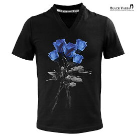 Tシャツ 薔薇 バラ 花柄 Vネック 半袖Tシャツ メンズ スリム 細身 mens ファッション おしゃれ (ブラックブルー黒青) zkk025