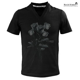 Tシャツ 薔薇 バラ 花柄 Vネック 半袖Tシャツ メンズ スリム 細身 mens ファッション おしゃれ (ブラック黒) zkk025