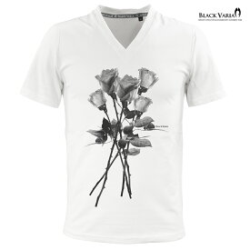 Tシャツ 薔薇 バラ 花柄 Vネック 半袖Tシャツ メンズ スリム 細身 mens ファッション おしゃれ (ホワイト白) zkk025