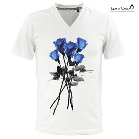 Tシャツ 薔薇 バラ 花柄 Vネック 半袖Tシャツ メンズ スリム 細身 mens ファッション おしゃれ (ホワイトブルー白青) zkk025